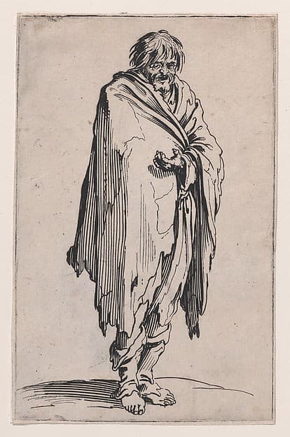 Le Mendiant a la Tête Découverte et aux Pieds Nuds (The Beggar with the Uncovered Head and Bare Feet), from Les Gueux suite appelée aussi Les Mendiants, Les Baroni, ou Les Barons (The Beggars, also called the Barons) — Jacques Callot