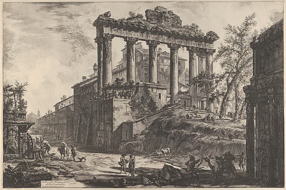 View of the so-called Temple of Concord with the Temple of Saturn, on the right the Arch of Septimius Severus — Giovanni Battista Piranesi