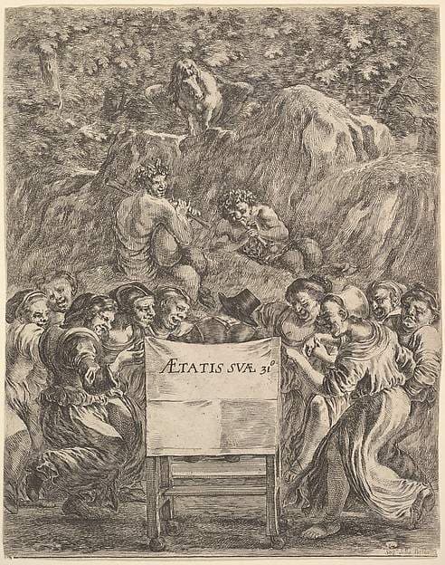 Frontispiece for 'The Works of Scarron' (Œuvres de Scarron); the poet sitting in a chair, seen from behind, women to either side representing caricatures of the nine muses, Pan, Bacchus, and Pegasus on a representation of Mt. Helicon above — Stefano Della Bella
