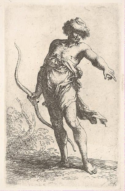 A partially dressed man holding a bow in his left hand and pointing with his right, from the series 'Figurine' — Salvator Rosa