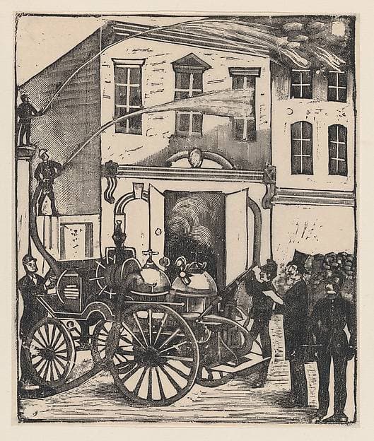 Firefighters putting out a fire in a house, firetruck in foreground — José Guadalupe Posada