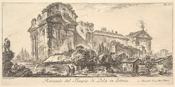 Plate 22: Rear View of the Temple of Pola in Istria. 1. Rear View of another temple. (Rovescio del Tempio di Pola di Istria. 1. Rovescio di un Altro Tempio.), from "Alcune Vedute di Archi Trionfali ed altri monumenti inalzati da Romani parte di quali se veggono in Roma e parte per l'Italia" (Some Views of Triumphal Arches and other monuments erected by the Romans, some of which are in Rome and some elsewhere in Italy) — Giovanni Battista Piranesi