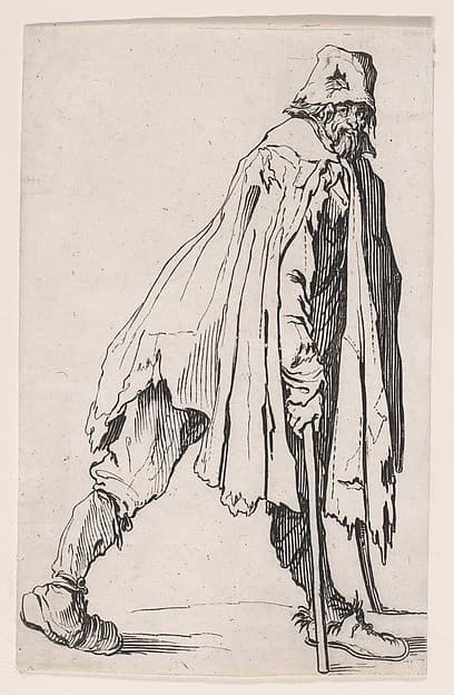 Le Mendiant aux Béquilles Coiffé d'un Bonnet (The Beggar on Crutches Wearing a Cap), from Les Gueux suite appelée aussi Les Mendiants, Les Baroni, ou Les Barons (The Beggars, also called the Barons) — Jacques Callot