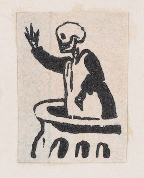 Skeleton standing in a pulpit, from a broaside entitled 'De este famoso hipodromo en la pista, no faltara ni un solo periodista', published by Antonio Vanegas Arroyo. — José Guadalupe Posada