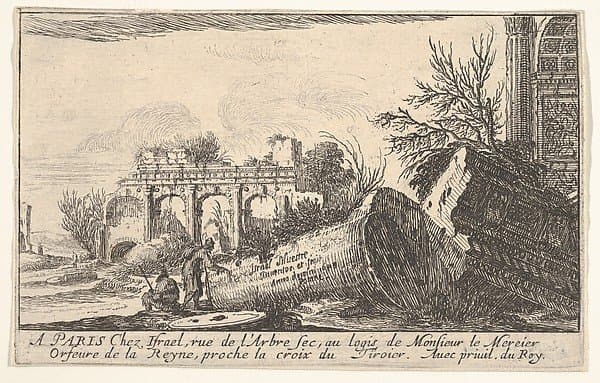 Frontispiece: a man reaches toward a fallen column, a seated man beside him, trees and ruins beyond, from the series 'Views of Italy' (Vues d'Italie) — Israël Silvestre