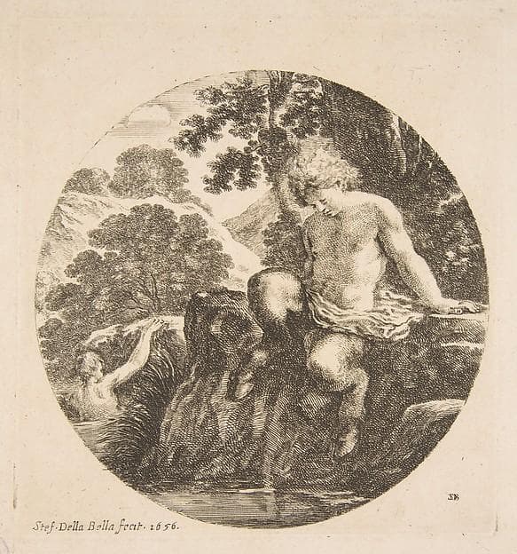 Young Satyr About to Bathe in a River, from "Landscapes and seaports" (Paysages et ports de mer, dans des ronds) — Stefano Della Bella