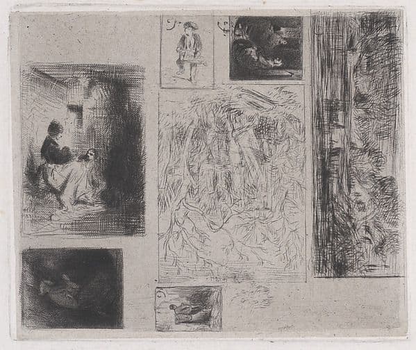 Composite plate: Woman and Children (a), Old Musician (b), Frying Merchant (c),  Landscape (d), Landscape (e), Praying Monk (f), and Scavenger (g) — Charles Émile Jacque