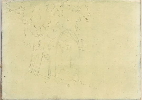 Trees next to an arched opening containing steps (Smaller Italian sketchbook, leaf 17 recto) — Joseph Wright of Derby