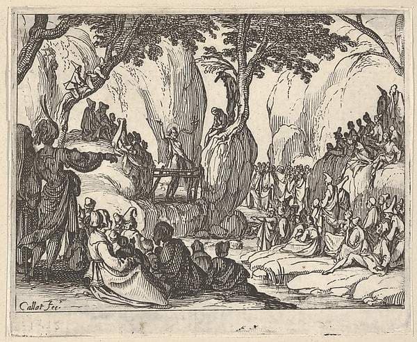 Saint John Preaching in the Desert (Saint Jean Préchant dans le Désert), with arm upraised, surrounded by male and female figures in a rocky setting — Jacques Callot