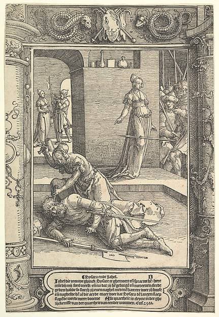 Jael Killing Sisera,  ornamental frame — Lucas van Leyden