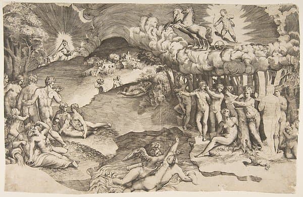The triumph of love, cupid riding a chariot drawn by unicorn is in the upper right, naked figures fill the composition; a proof impression — Giulio Bonasone