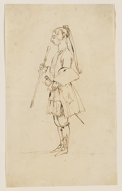 Man with a Long Pigtail and a Stick, Standing in Profile to the Left — Anton Maria Zanetti I