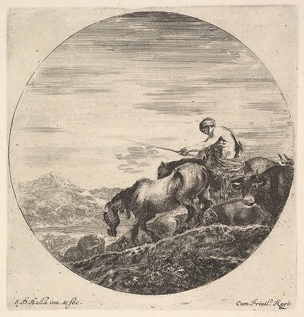 A shepherd at right, facing left, driving a group of animals downhill, a round composition, from 'Six animal subjects' (Six sujets d'animaux) — Stefano Della Bella