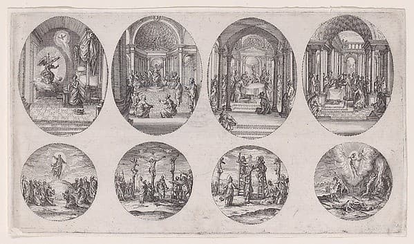 Oval Medallions and Rondels, from Variae tum Passionis Christi tum vitae beatae Mariae Virginis; Les Mystères de la Passion suite appelée aussi Mystères de la Vie de Jésus et Mystères de la Vie de Jésus et de la Vie de la Ste. Vierge (The Mysteries of the Passion, also called the Mysteries of the Life of Jesus, and the Mysteries of the Life of Jesus and of the Virgin) — Jacques Callot