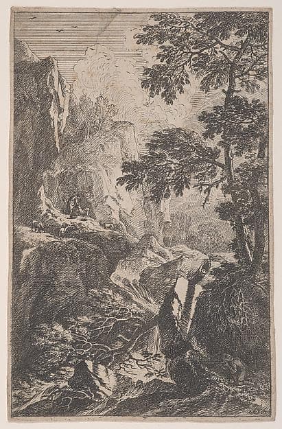 Plate 2: a hunter aiming with his gun, kneeling next to a large rock at right, a male figure with three chamois on a rock at left, from 'Landscapes in the manner of Salvator Rosa' (Die Landschaften in Sal. Rosa's) — Joachim Franz Beich