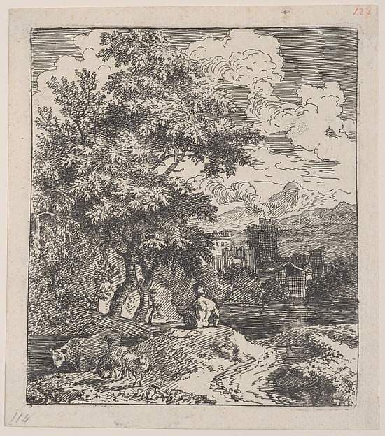 Plate 3: a shepherd seated on a hill, a cow and two sheep at left, and a town in right background, from 'Landscapes in the manner of Gaspar Dughet' — Joachim Franz Beich