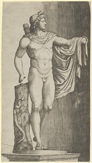 The Apollo Belvedere from the Vatican his left hand resting on the tree trunk around which coils a python — Marcantonio Raimondi
