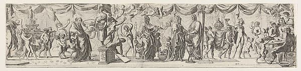 Frieze-like composition of figures walking alongside draped curtains: at left satyrs and children bear a statue of Bacchus on a litter behind an old man (Silenus?), at center two robed satyrs approach a priest, at right Apollo lifts a cup next to satyrs seated at a round table — Pierre Brebiette