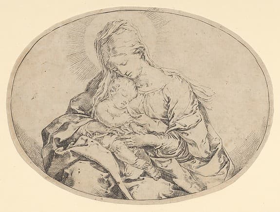 The Virgin holding the infant Christ, an oval composition — Guido Reni