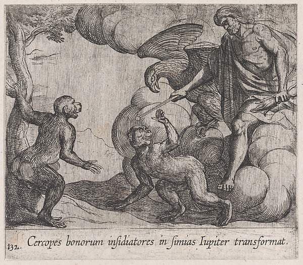 Plate 132: Jupiter Changing the Cercopians into Monkeys (Cercopes bonorum insidiatores in Simias Iupiter transformat), from Ovid's 'Metamorphoses' — Antonio Tempesta