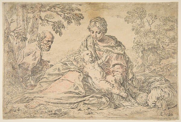 Rest on the flight into Egypt, Mary holding the infant Christ with St. Joseph at left — Simone Cantarini