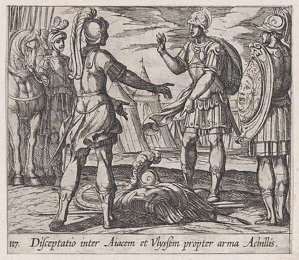 Plate 117: The Dispute over Achilles' Armor (Disceptatio inter Aiacem et Ulyssem propter arma Achillis), from Ovid's 'Metamorphoses' — Antonio Tempesta