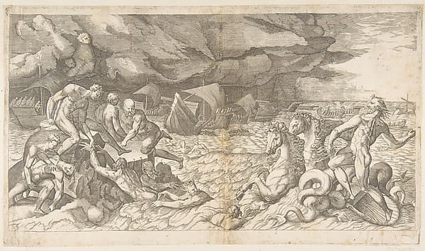 Neptune calming the Tempest Aeolus raised against the Fleet of Aeneas — Giulio Bonasone