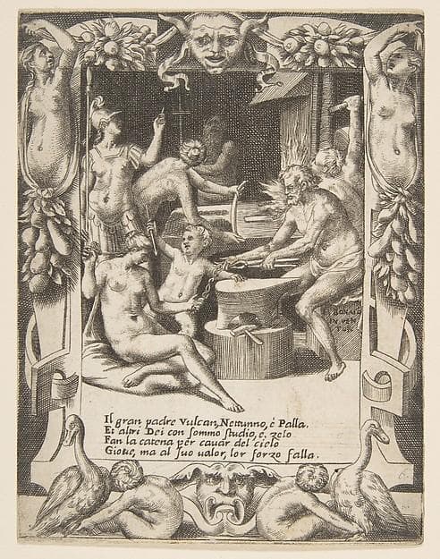 Vulcan, Neptune, Athena and other Gods making Shackles to pull Jupiter from the Heavens, set within an elaborate frame, from "Loves, Rages and Jealousies of Juno" — Giulio Bonasone