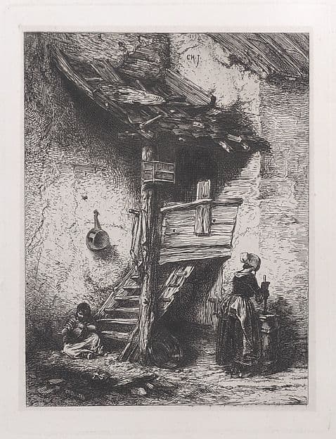 Stairs and Woman Churning — Charles Émile Jacque