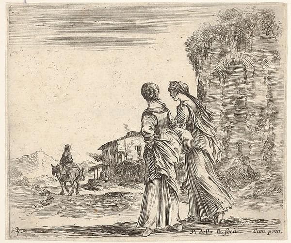 Plate 3: two girls walking towards the left, seen from behind, a woman on a horse to left in background, from 'Diversi capricci' — Stefano Della Bella