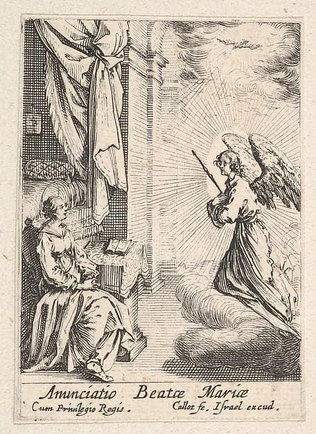 Annunciation, with angel approaching the seated Mary from the left, and the dove of the Holy Spirit above — Jacques Callot