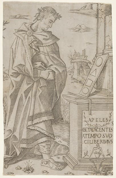 Apelles standing profile looking at a tablet of geometric figures — Nicoletto da Modena