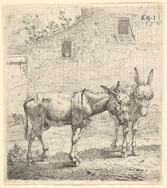Two donkeys standing in a grassy yard, one in profile view facing right and another behind in three-quarter view, a dog and a building wall with two windows beyond — Karel Dujardin