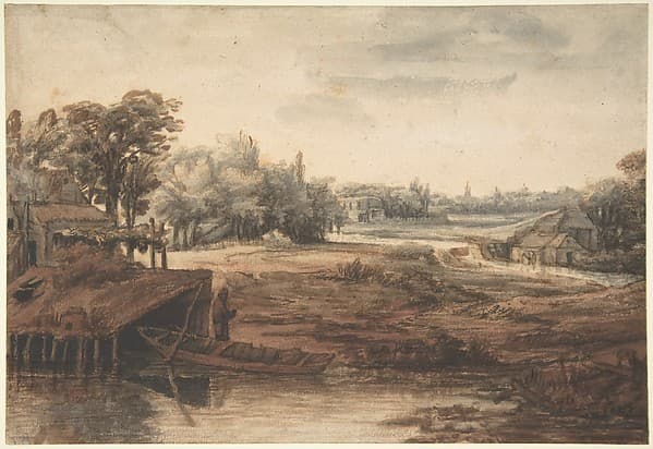 River Landscape with a Man Standing by a Boathouse — Philip de Koninck