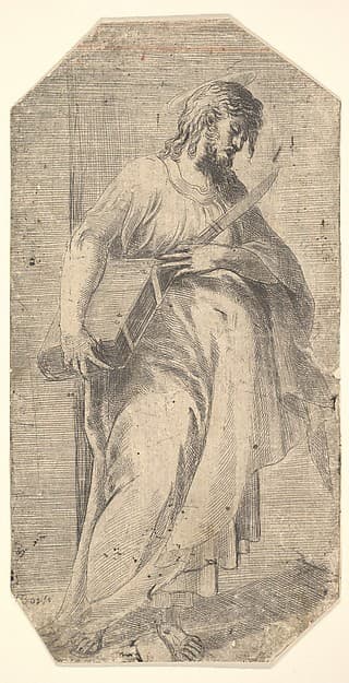 Saint Bartholomew facing right,  book under his right arm, knife in his left hand, from "Christ and the Apostles" — Andrea Schiavone