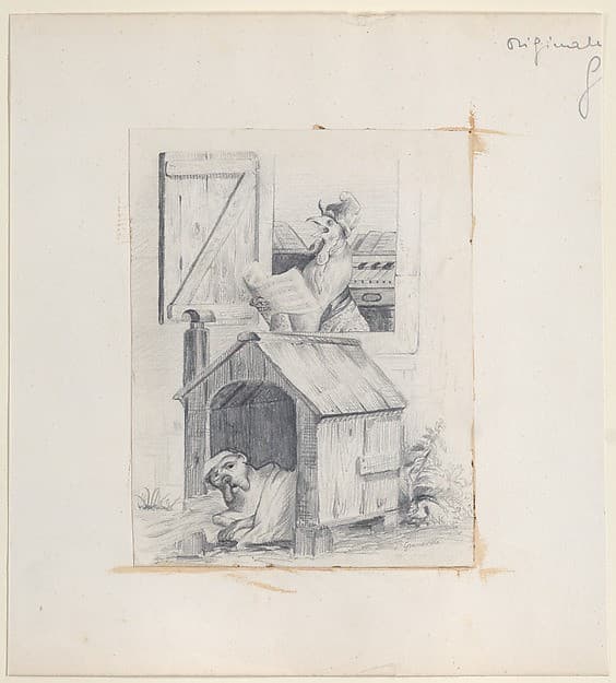 Dog in doghouse; cock singing at window — Jean Ignace Isidore Gérard Grandville