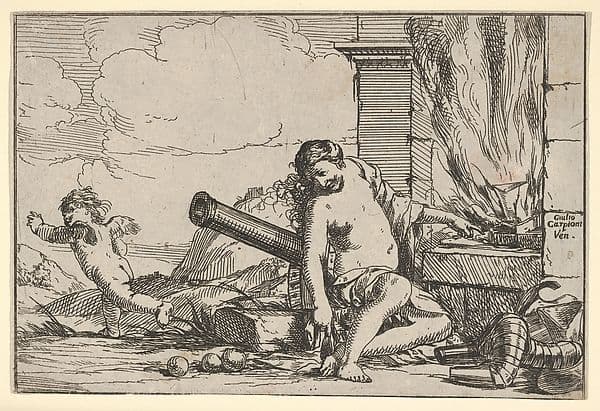 Fire, represented by Venus seated before Vulcan's forge, with armor, a cannon, and cannon balls surrounding her, she turns her head toward Cupid, who stretches his body away from her, from "The Elements" — Giulio Carpioni