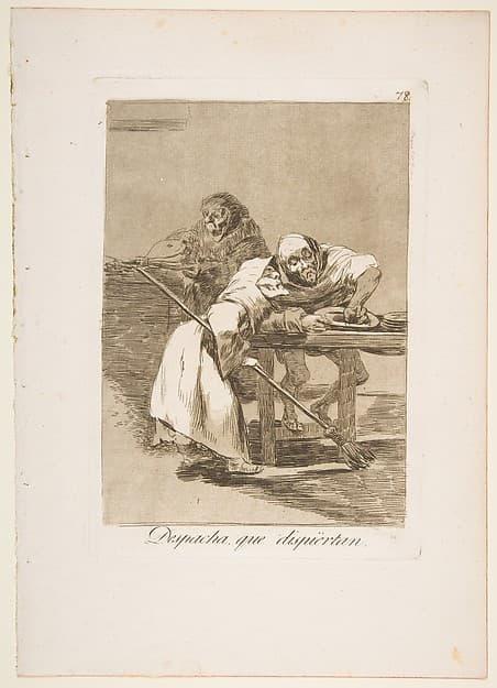 Plate 78 from "Los Caprichos": Be quick, they are waking up (Despacha, que dispiértan) — Francisco Goya