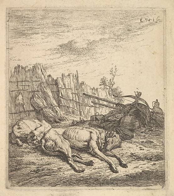 Two dogs sleeping on the ground; a plough, farm equipment, bunches of straw, and a fence beyond — Karel Dujardin