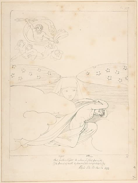 Sleep Escaping from the Wrath of Jupiter – "But gentle Night to whom I fled for Aid (the Friend of Earth and Heaven), Her Wings Display'd" (Pope's Iliad, Book 14, line 293) — John Flaxman