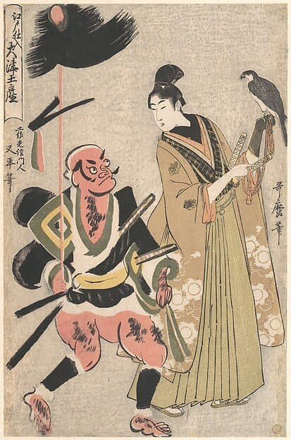 Foot-Soldier with a Spear and Hawk-Handler (Yari-mochi yakko to taka shō), from the series Souvenir Paintings from Ōtsu, Stocked in Edo (Edo Shi-ire Ōtsu Miyage) — Utamaro