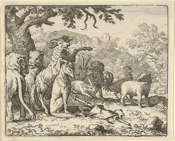 The Ram, Chapelain of the Lion, Gives the Benediction to Renard before His Depature for Rome from Hendrick van Alcmar's Renard The Fox — Allaert van Everdingen