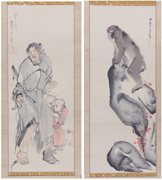 Monkey on a Rock; Monkey Trainer with Chinese Children and Puppy — Nagasawa Rosetsu