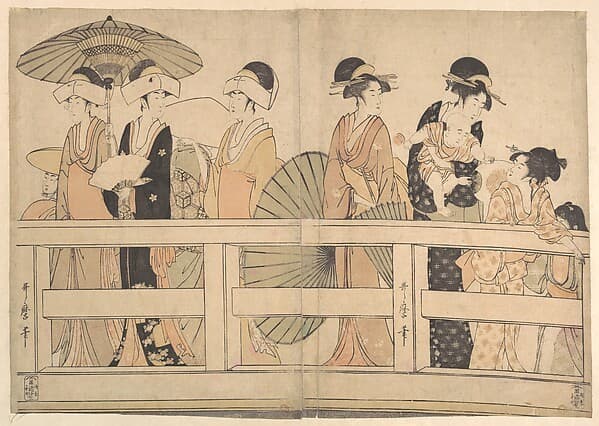 Enjoying the Cool Evening Breeze on and under the Bridge — Utamaro