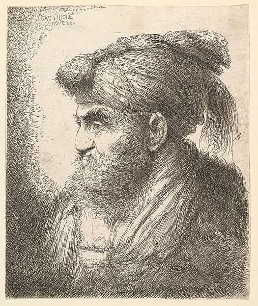 A bearded man wearing a tasseled headdress facing left, from "Heads in Oriental Headdress" — Giovanni Benedetto Castiglione