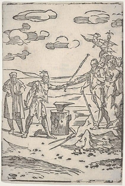 The forger standing by an anvil pulling a man in chains, from "The various operations of alchemy" — Domenico di Pace Beccafumi