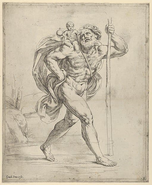 Saint Christopher walking with the infant Christ on his right shoulder — Guido Reni