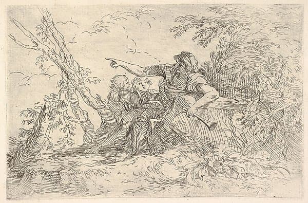 Male figure holding a flute reclining on a rock and pointing over the heads of two children, from "The Triton Group" — Salvator Rosa