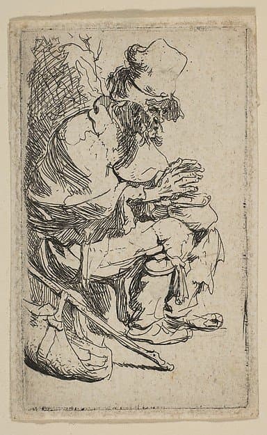 Beggar Seated Warming His Hands at a Chafing Dish — Rembrandt van Rijn