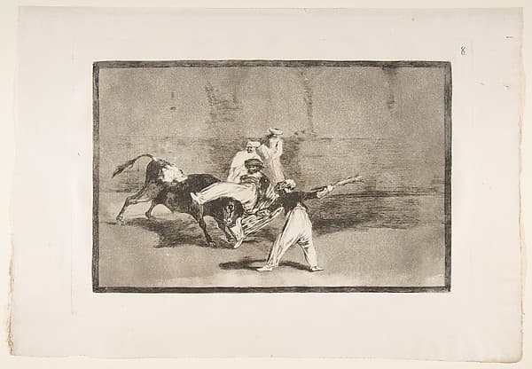 Plate 8 from "La Tauromaquia": A Moor caught by the bull in the ring — Francisco Goya